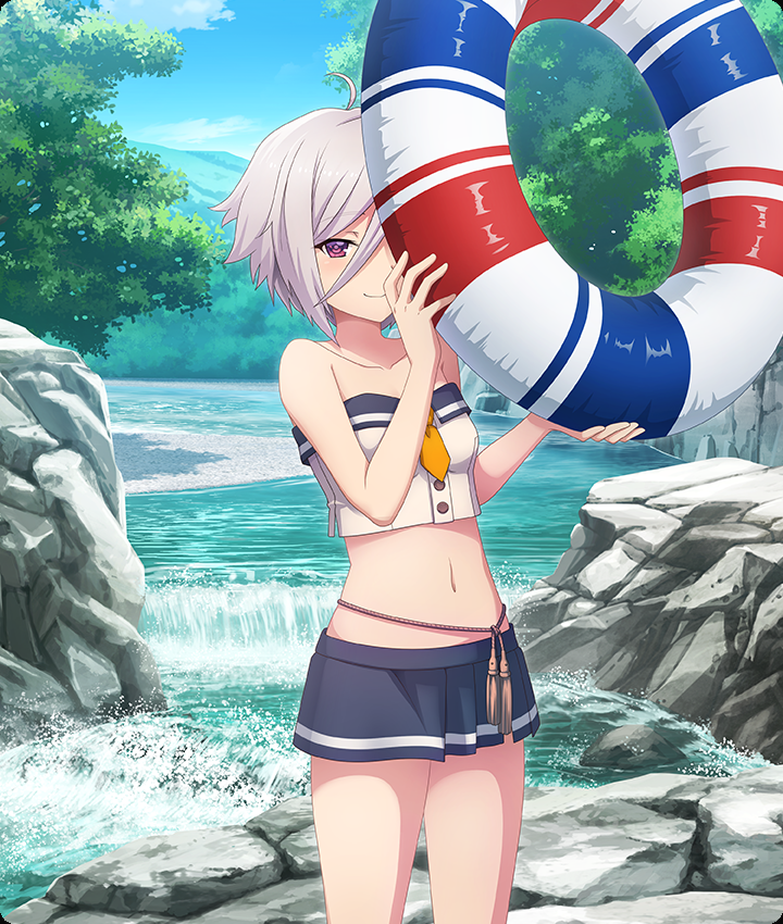 itomi sayaka, toji no miko, toji no miko: kizamishi issen no tomoshibi, game cg, official art, third-party source, 1girl, ahoge, bandeau, bare shoulders, blue skirt, blue sky, breasts, closed mouth, cloud, collarbone, cowboy shot, day, hair between eyes, holding, holding swim ring, innertube, looking at viewer, midriff, mountain, nature, navel, necktie, one eye covered, outdoors, purple eyes, purple hair, river, rope around waist, short hair, skirt, sky, small breasts, smile, solo, strapless, striped innertube, swim ring, swimsuit, tree, white bandeau, yellow necktie