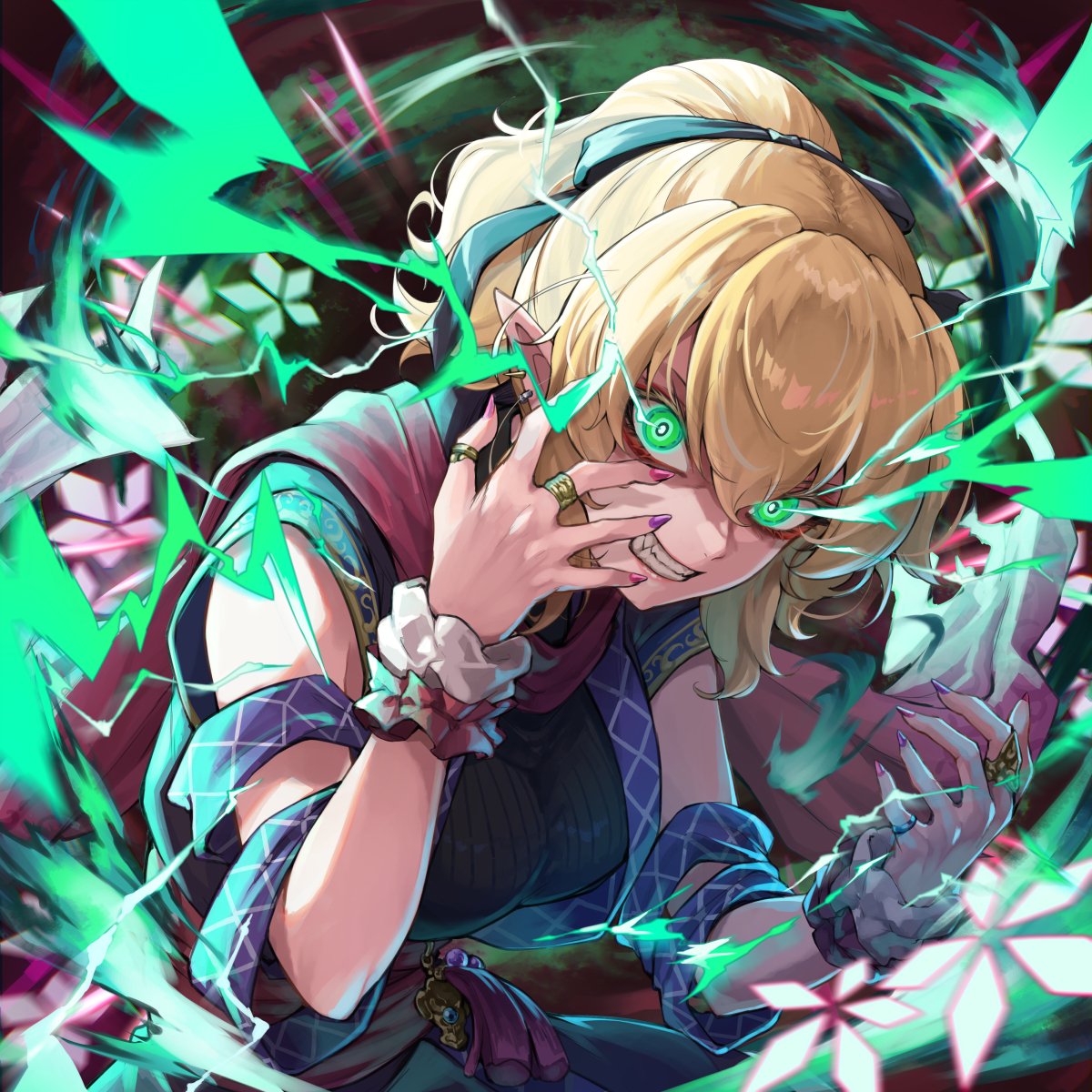 re (re 09), mizuhashi parsee, touhou, commentary request, highres, 1girl, black sweater, blonde hair, clenched teeth, glaring, green eyes, jewelry, pointy ears, purple nails, purple ribbon, ribbon, ring, short hair, sleeveless, sleeveless sweater, solo, sweater, teeth