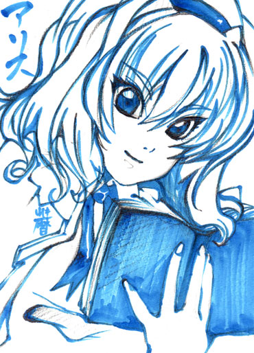 koyomiuta, alice margatroid, touhou, traditional media, 1girl, book, bow, character name, female focus, hair bow, hairband, monochrome, ribbon, short hair, smile, solo