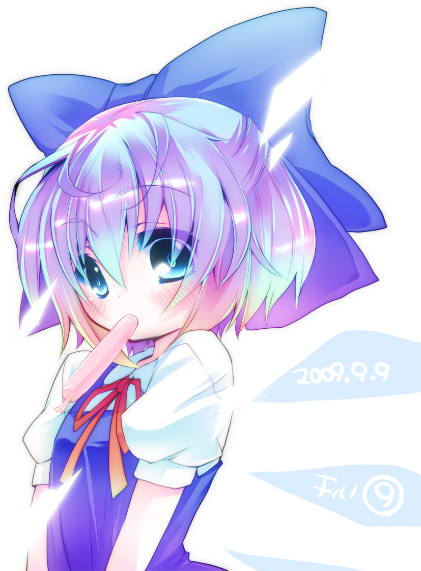 shaneru, cirno, touhou, bad id, bad pixiv id, 1girl, blue eyes, blue hair, blush, bow, circled 9, female focus, gradient hair, hair bow, matching hair/eyes, multicolored hair, purple hair, short hair, solo, tupet, wings