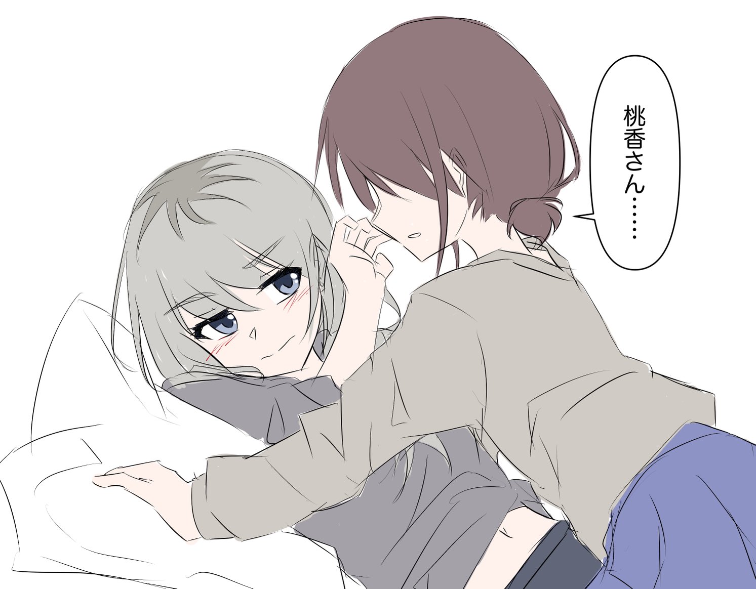 moriss daylight, iseri nina, kawaragi momoka, girls band cry, commentary, translated, 2girls, blue skirt, blush, brown hair, closed mouth, grey eyes, grey hair, grey shirt, long hair, midriff peek, multicolored hair, multiple girls, parted lips, roots (hair), shirt, short twintails, simple background, skirt, speech bubble, twintails, white background, yuri