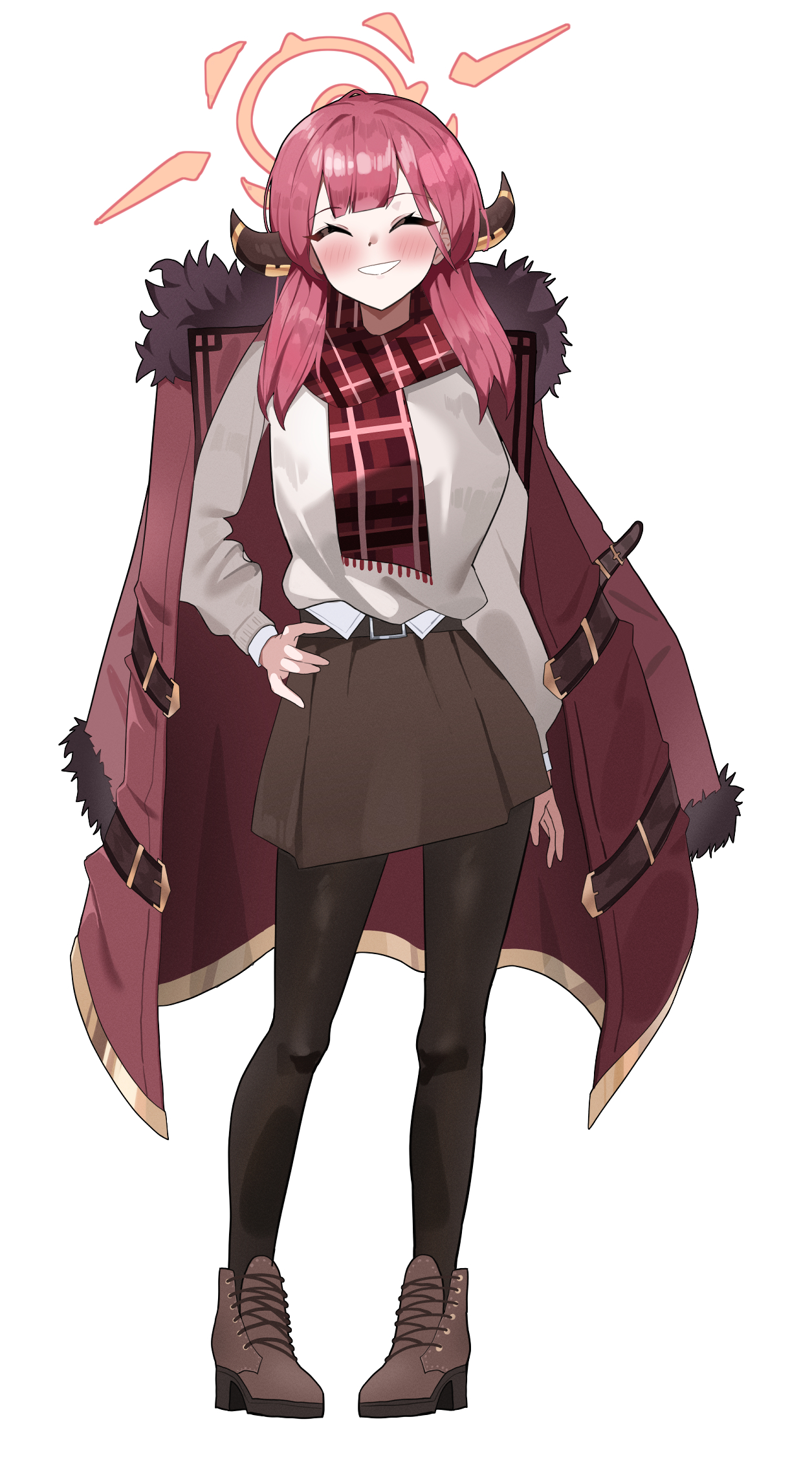 amiris (amiris76455574), aru (blue archive), blue archive, commentary, highres, korean commentary, 1girl, ^ ^, black pantyhose, blush, brown shoes, brown skirt, closed eyes, coat, coat on shoulders, demon horns, facing viewer, full body, fur-trimmed coat, fur trim, halo, hand on own hip, horns, pantyhose, pink hair, plaid clothes, plaid scarf, red scarf, scarf, shoes, simple background, skirt, smile, solo, sweater, white background, white sweater