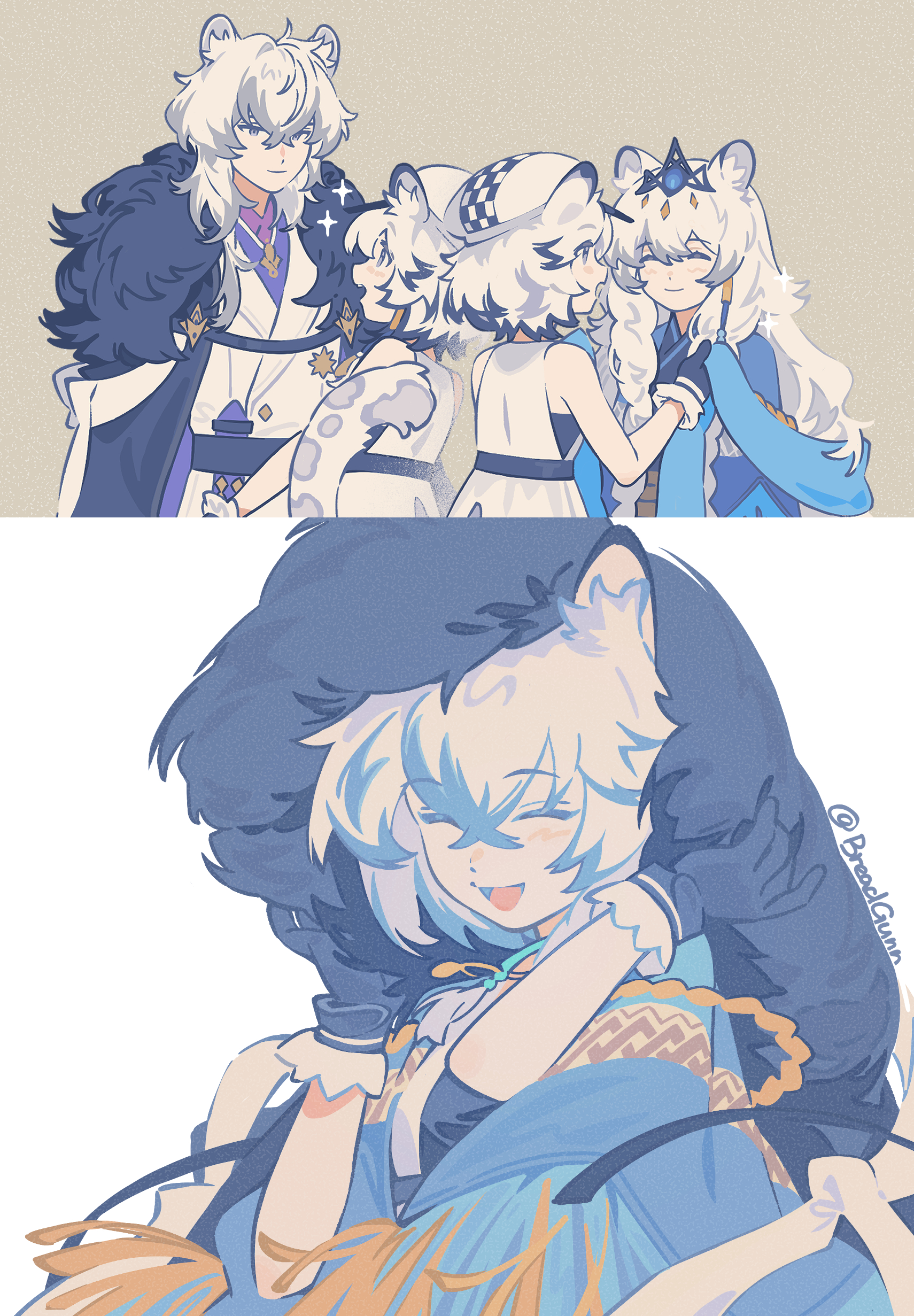 favilia, cliffheart (arknights), pramanix (arknights), silverash (arknights), arknights, absurdres, commentary, english commentary, highres, 1boy, 2girls, :d, ^ ^, animal ear fluff, animal ears, bare shoulders, black gloves, braid, checkered hat, closed eyes, dress, gloves, hair between eyes, hands up, hat, headpiece, japanese clothes, kimono, leopard ears, leopard girl, leopard tail, long hair, multiple girls, newsboy cap, open mouth, sleeveless, sleeveless dress, smile, tail, twin braids, twitter username, very long hair, white dress, white hair, white hat, white kimono