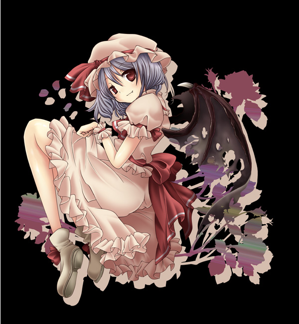 kuro (pixiv213382), remilia scarlet, touhou, 1girl, bat wings, black background, blue hair, female focus, flower, full body, hat, plant, red eyes, short hair, solo, wings