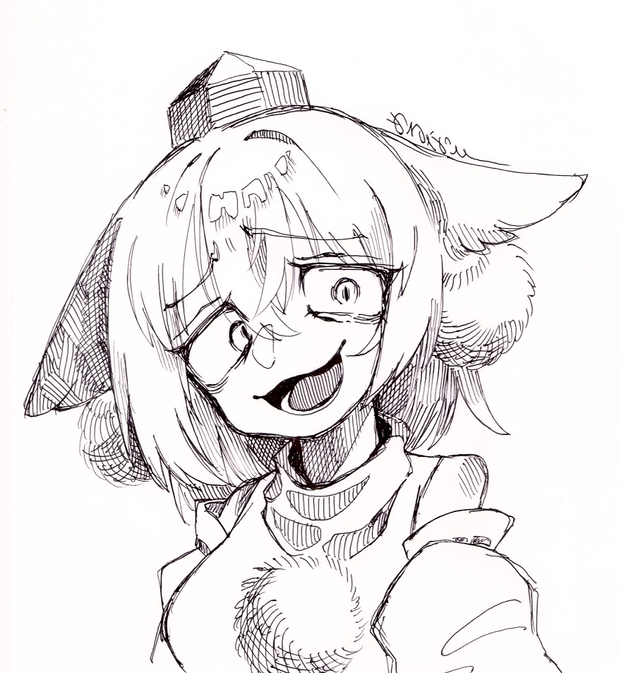 melanin shikiso, inubashiri momiji, kuso inu (cookie), cookie (touhou), touhou, commentary request, 1girl, animal ears, floppy ears, greyscale, hair between eyes, hat, hatching (texture), looking at viewer, monochrome, open mouth, pom pom (clothes), short hair, simple background, sketch, smile, solo, tokin hat, upper body, wolf ears, wolf girl