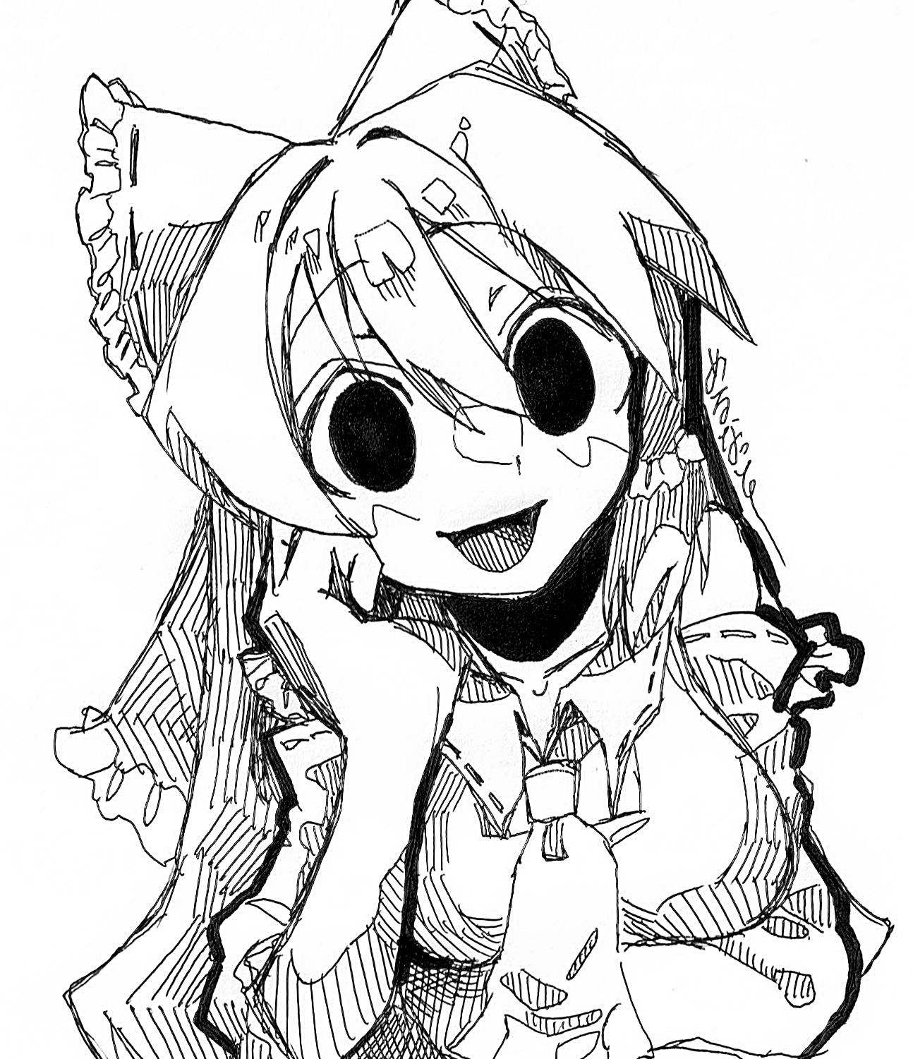 melanin shikiso, hakurei reimu, noel (cookie), cookie (touhou), touhou, commentary request, highres, 1girl, ascot, bow, breasts, collared shirt, detached sleeves, empty eyes, frilled bow, frills, greyscale, hair bow, hand on own cheek, hand on own face, hatching (texture), leaning forward, long hair, looking at viewer, medium breasts, monochrome, open mouth, shirt, simple background, sketch, smile, solo, upper body