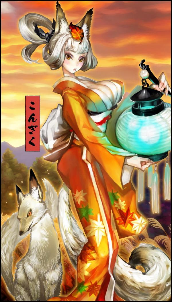 kongiku, oboro muramasa, tagme, animal ears, breasts, fox, fox ears, huge breasts, lantern, paper lantern, tail, white hair