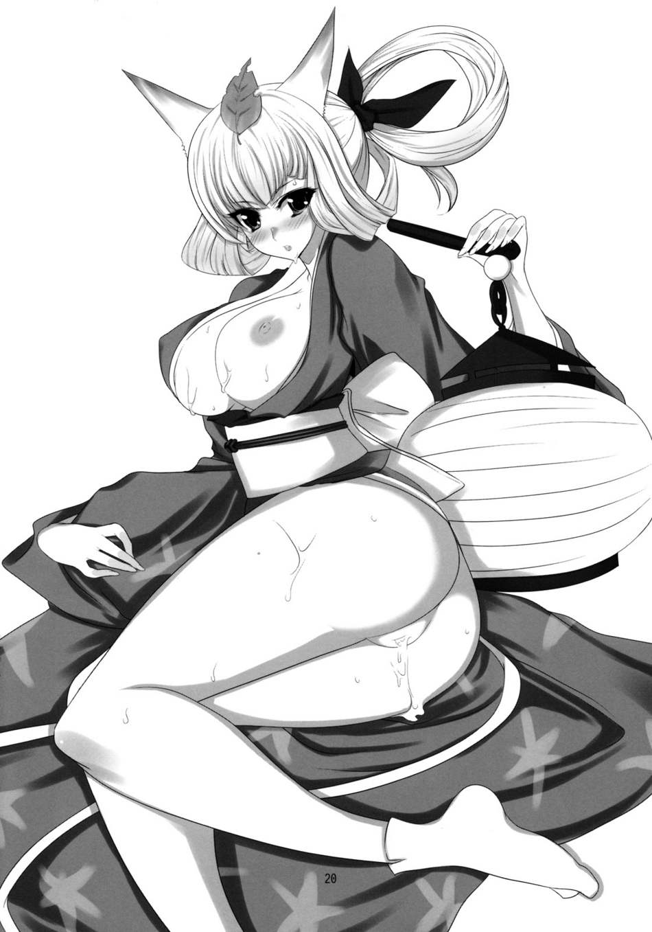 kongiku, oboro muramasa, highres, 1girl, animal ears, ass, blush, breasts, cum, female focus, fox ears, japanese clothes, kimono, large breasts, monochrome, nipples, pussy, simple background, solo, white background