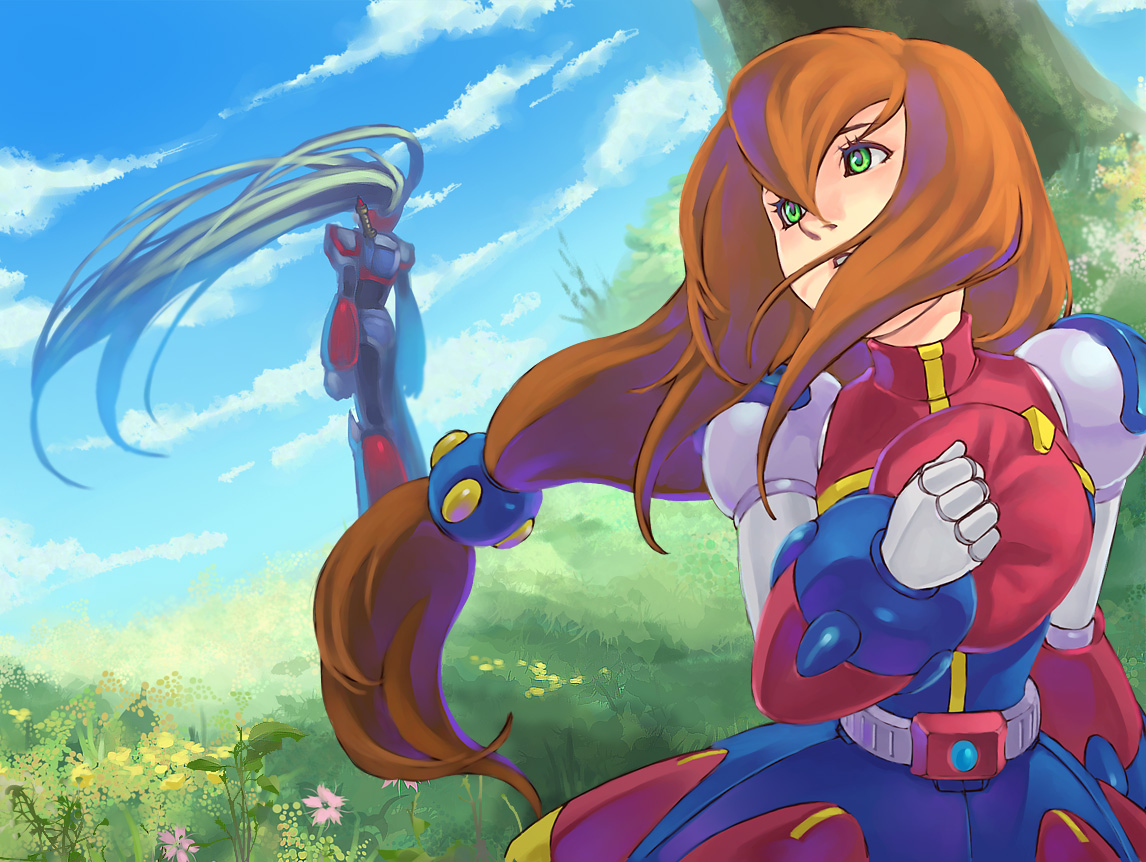 wakky, iris (mega man), zero (mega man), capcom, mega man (series), mega man x4, mega man x (series), 1boy, 1girl, brown hair, green eyes, long hair, ponytail