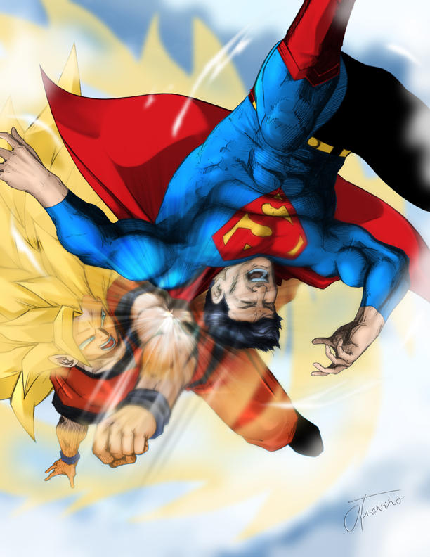 albert217, son goku, superman, dc comics, dragon ball, dragonball z, superman (series), red footwear, 2boys, abs, armband, aura, battle, black hair, blonde hair, blue eyes, cape, clenched hand, closed eyes, crossover, flying, green eyes, long hair, male focus, manly, multiple boys, muscular, open mouth, punching, red cape, s shield, shoes, short hair, signature, skin tight, super saiyan, super saiyan 3, teeth, very long hair, wristband