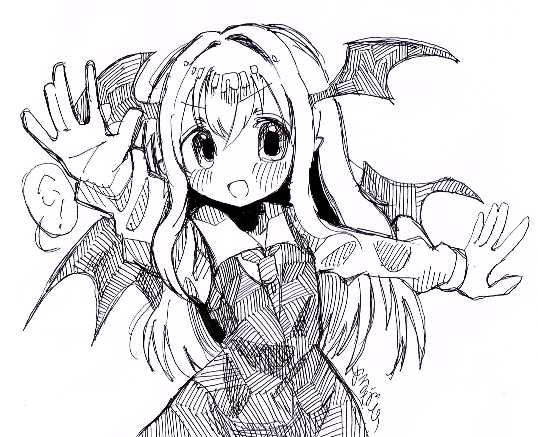 melanin shikiso, koakuma, yuzuyu (cookie), cookie (touhou), touhou, commentary request, highres, 1girl, blush, collared shirt, demon girl, demon wings, dress, greyscale, hatching (texture), head wings, long hair, long sleeves, looking at viewer, monochrome, necktie, open mouth, pinafore dress, shirt, simple background, sketch, sleeveless, sleeveless dress, smile, solo, upper body, wings