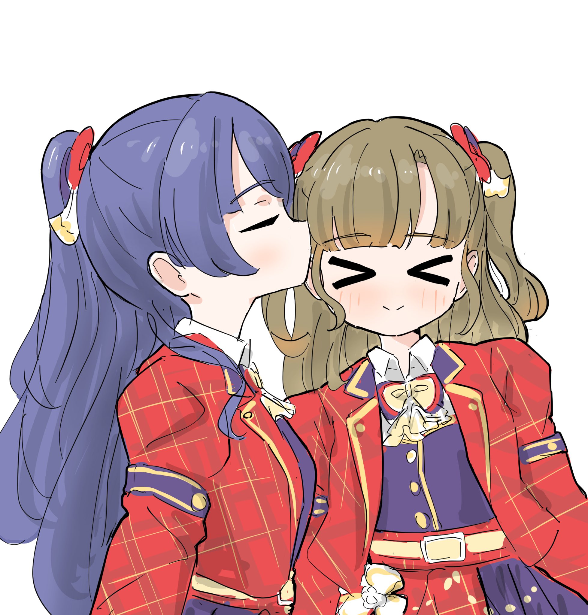 tazaki masanobu, kachimachi kosuzu, murano sayaka, link! like! love live!, love live!, commentary request, highres, > <, 2girls, 5th live tour ~4pair power spread!!!!~, bow, bowtie, brown hair, closed eyes, closed mouth, collared shirt, hair bow, half updo, jacket, kissing head, long sleeves, multiple girls, official alternate costume, open clothes, open jacket, plaid clothes, plaid jacket, ponytail, purple vest, red bow, red jacket, shirt, simple background, smile, taiyou de are!, two side up, upper body, vest, virtual youtuber, white background, white shirt, yellow bow, yellow bowtie