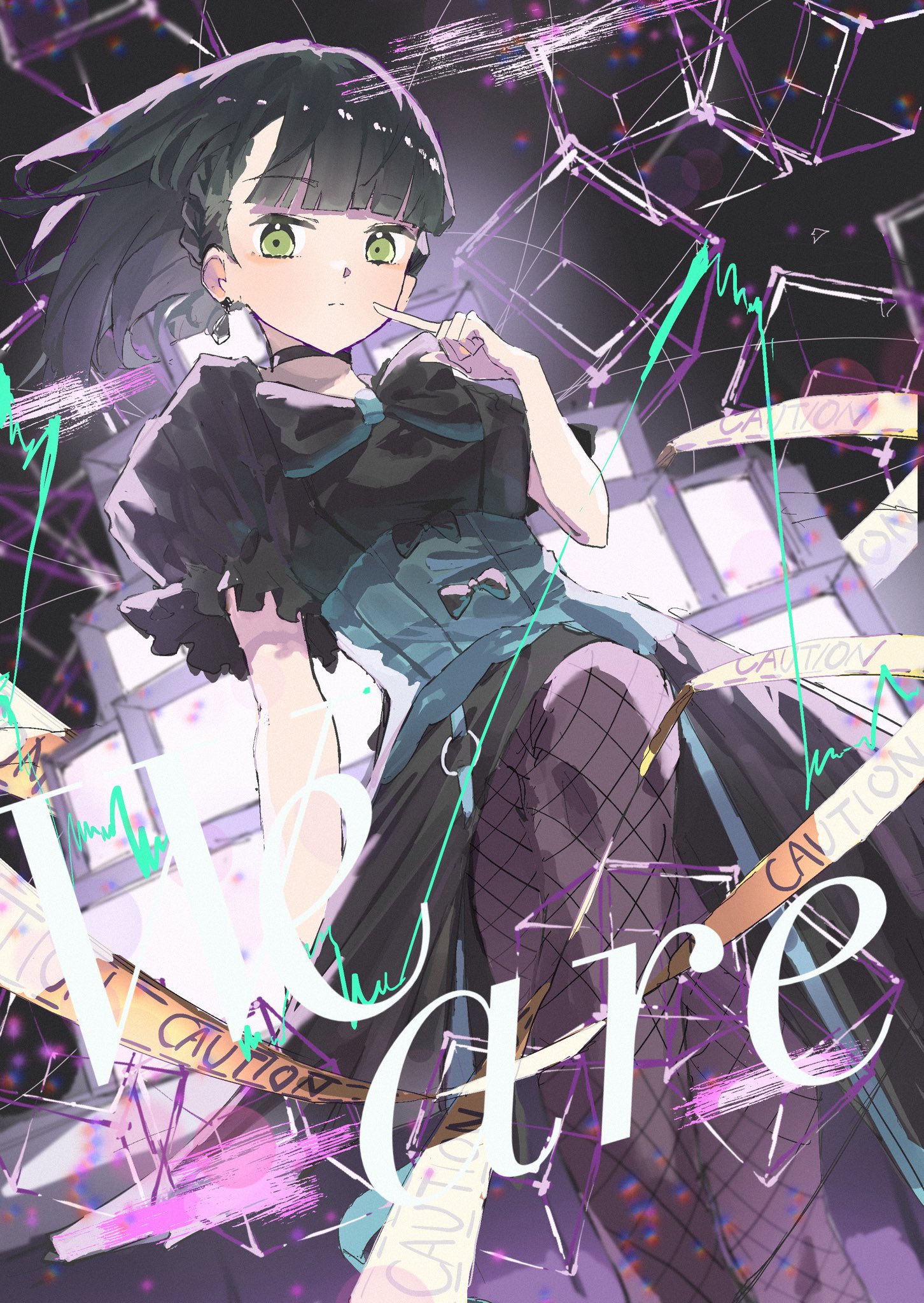 zen66574227, momose ginko, link! like! love live!, love live!, commentary, highres, 1girl, black dress, black hair, black pantyhose, braid, breasts, caution tape, closed mouth, crt, dress, dutch angle, feet out of frame, fishnet pantyhose, fishnets, floating hair, green eyes, leg up, light frown, looking at viewer, medium breasts, new black (love live!), official alternate costume, pantyhose, pointing, pointing at self, puffy short sleeves, puffy sleeves, short hair, short sleeves, side braid, solo, television, virtual youtuber