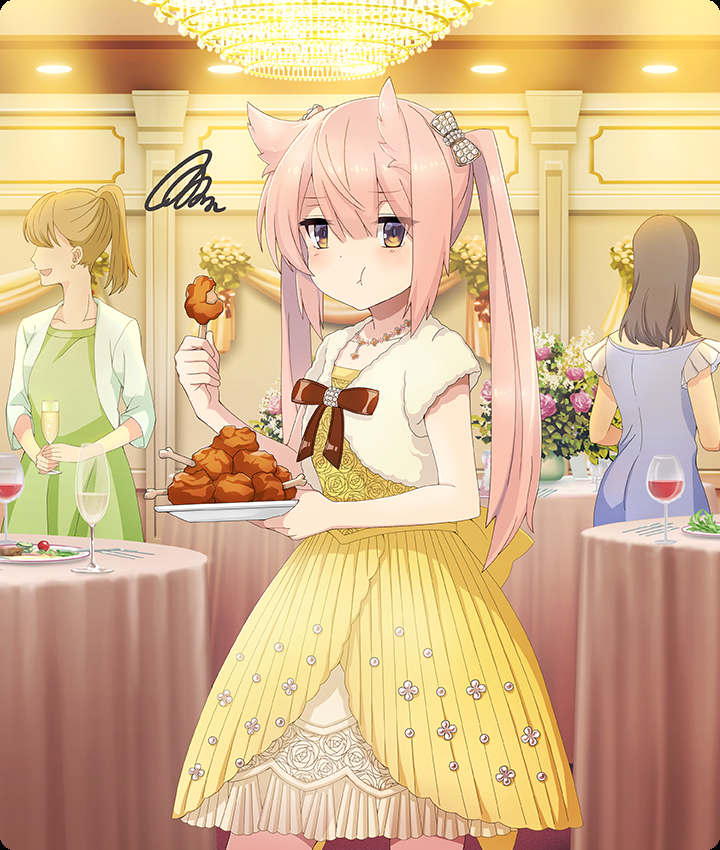 mashiko kaoru, toji no miko, toji no miko: kizamishi issen no tomoshibi, game cg, official art, third-party source, 3girls, :t, alcohol, blonde hair, blush, bone, bow, bowtie, brown bow, brown bowtie, brown eyes, brown hair, champagne, champagne flute, chandelier, chewing, cowboy shot, cup, dot nose, dress, drinking glass, eating, faceless, faceless female, flower, food, food bite, formal clothes, green dress, hair horns, high ponytail, holding, holding plate, indoors, jewelry, long hair, looking at viewer, meat, multiple girls, necklace, open clothes, open shirt, pink hair, plate, ponytail, purple dress, purple flower, purple rose, rose, round table, shirt, short sleeves, solo focus, squiggle, table, tablecloth, twintails, vegetable, white shirt, wine, wine glass, yellow dress