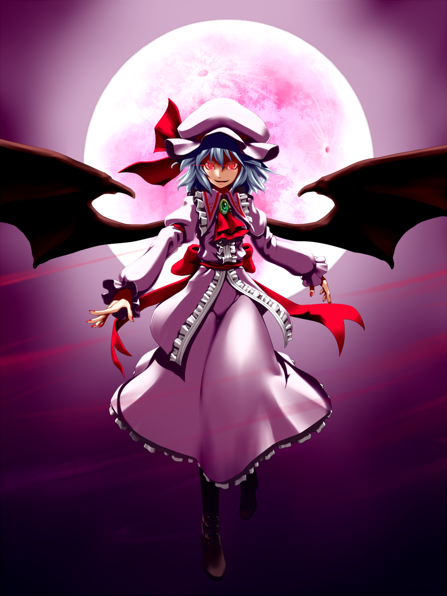 kentairui, remilia scarlet, touhou, silver hair, bad id, bad pixiv id, highres, 1girl, bat wings, female focus, glowing, glowing eyes, hat, moon, nail polish, red eyes, red nails, short hair, solo, wings