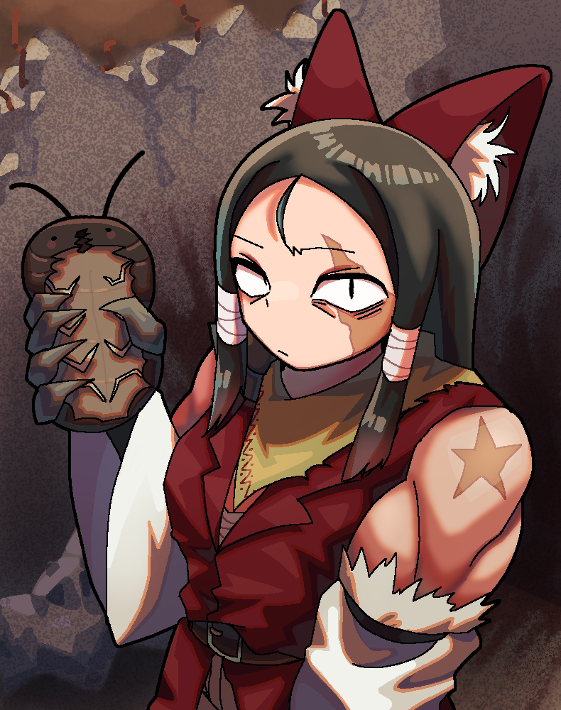 melanin shikiso, big roach (cookie), hakurei reimu, yuki haruka, cookie (touhou), touhou, commentary request, 1girl, bandana, belt, black hair, bow, brown belt, bug, closed mouth, coat, cockroach, detached sleeves, expressionless, hair bow, insect, long hair, looking at viewer, red bow, red coat, scar, scar across eye, scar on face, sidelocks, sleeveless, sleeveless coat, solo, upper body, white sleeves, yellow bandana