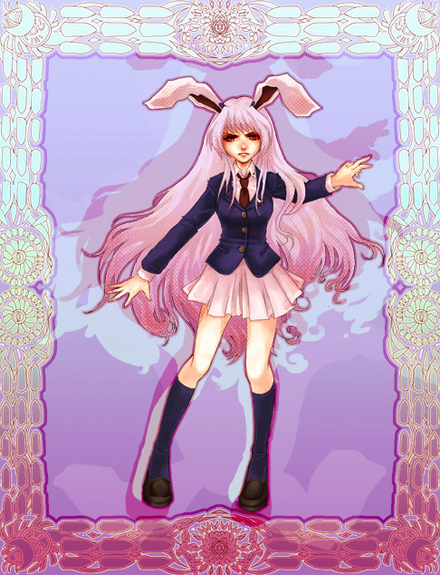 awa toka, reisen udongein inaba, touhou, light purple hair, 1girl, animal ears, blazer, female focus, full body, jacket, long hair, necktie, rabbit ears, red eyes, skirt, solo
