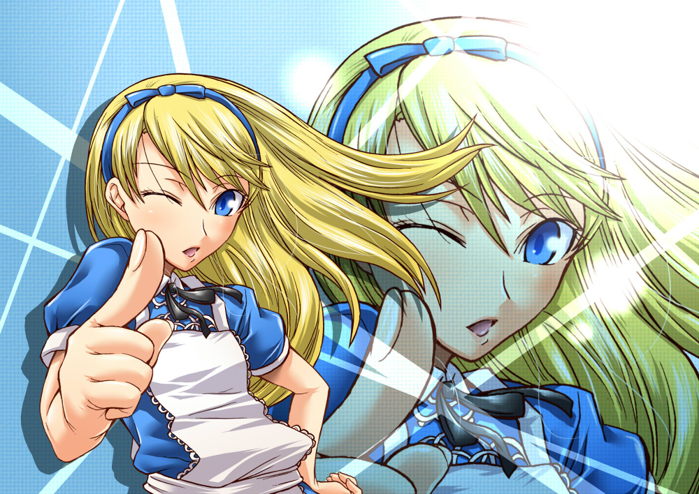 segami daisuke, alice (alice in wonderland), kuma (persona 4), alice's adventures in wonderland, atlus, persona, persona 4, md5 mismatch, resolution mismatch, source smaller, 1boy, alice (alice in wonderland) (cosplay), blonde hair, blue eyes, cosplay, crossdressing, crossdressing (mtf), male focus, solo, trap, zoom layer