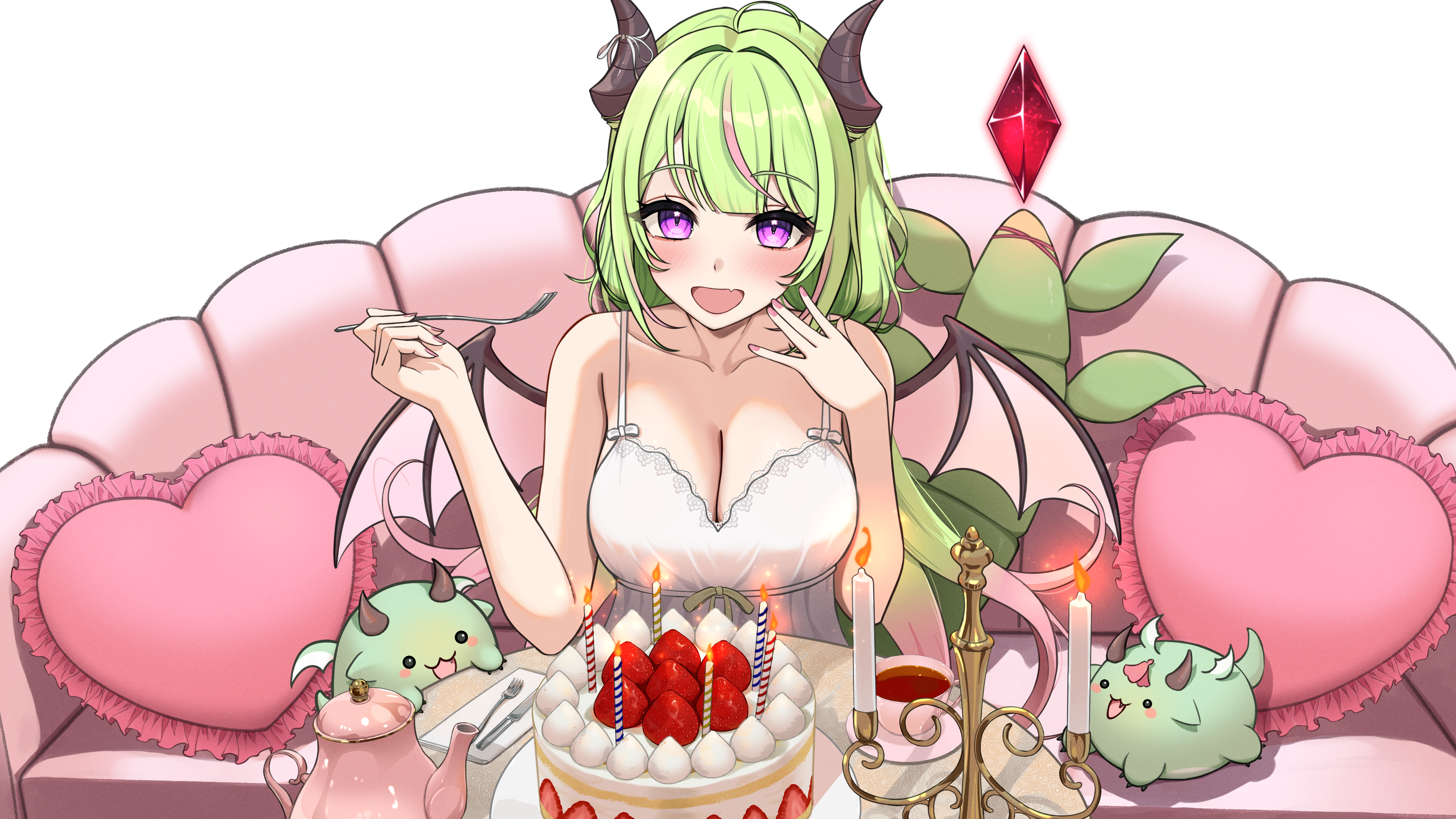 azuki (azuki azukki), absurdres, commentary request, commission, copyright request, highres, pixiv commission, 1girl, bare arms, bare shoulders, cake, candle, collarbone, couch, crystal, cup, dragon girl, dragon horns, dragon tail, dragon wings, dress, fire, food, fork, frilled pillow, frills, fruit, gradient hair, green hair, hands up, heart, heart-shaped pillow, holding, holding fork, horns, knife, long hair, looking at viewer, multicolored hair, nail polish, pillow, pink nails, pink wings, purple eyes, purple hair, saucer, simple background, sleeveless, sleeveless dress, solo, strawberry, streaked hair, tail, teacup, very long hair, white background, white dress, wings