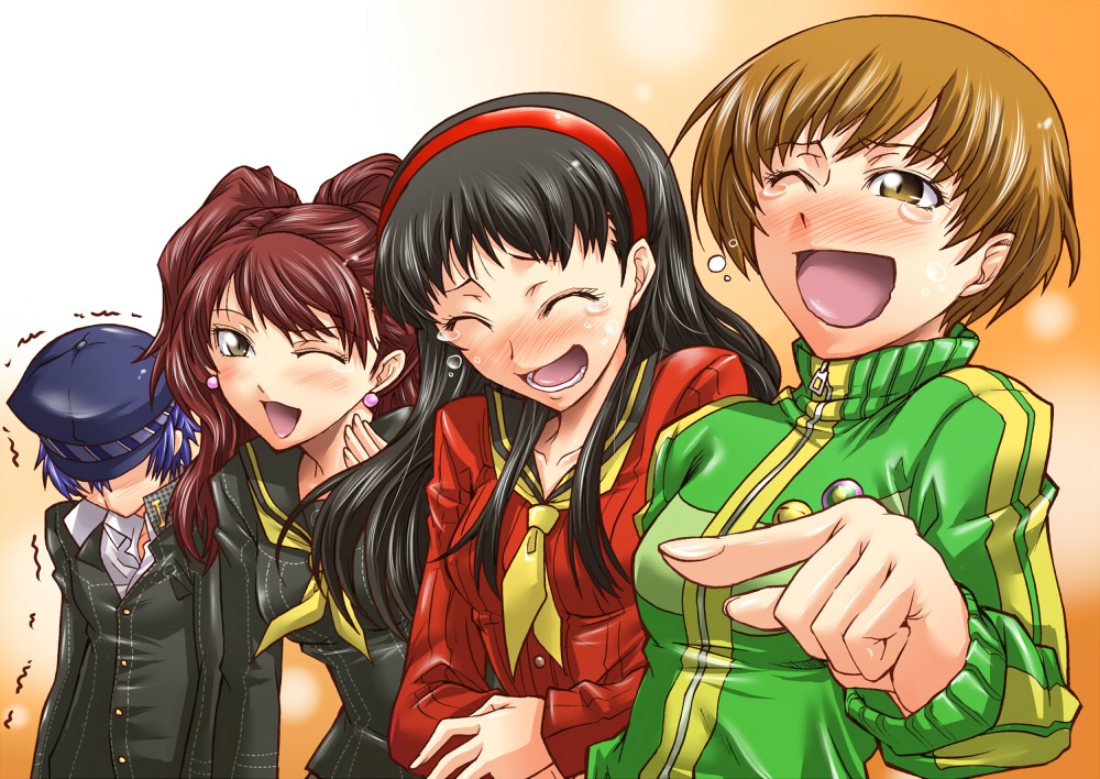 segami daisuke, amagi yukiko, kujikawa rise, satonaka chie, shirogane naoto, atlus, persona, persona 4, 4girls, androgynous, black hair, blue eyes, blue hair, blush, brown eyes, brown hair, earrings, hat, jewelry, laughing, multiple girls, newsboy cap, school uniform, short hair, tears, trembling, twintails, wink