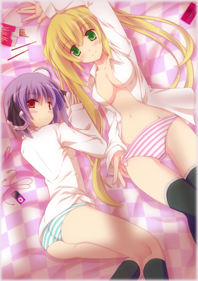 sakurame, original, bad id, bad pixiv id, 2girls, ahoge, arm up, ass, black socks, black thighhighs, blonde hair, blush, breasts, cleavage, food, from above, green eyes, hair ribbon, ipod, ipod nano, ipod nano 5g, kneehighs, kneepits, large breasts, long hair, looking at viewer, looking back, lying, mp3 player, multiple girls, no bra, no pants, on back, on stomach, open clothes, open shirt, panties, pocky, purple hair, red eyes, ribbon, shirt, short hair, smile, socks, striped clothes, striped panties, thighhighs, twintails, underwear