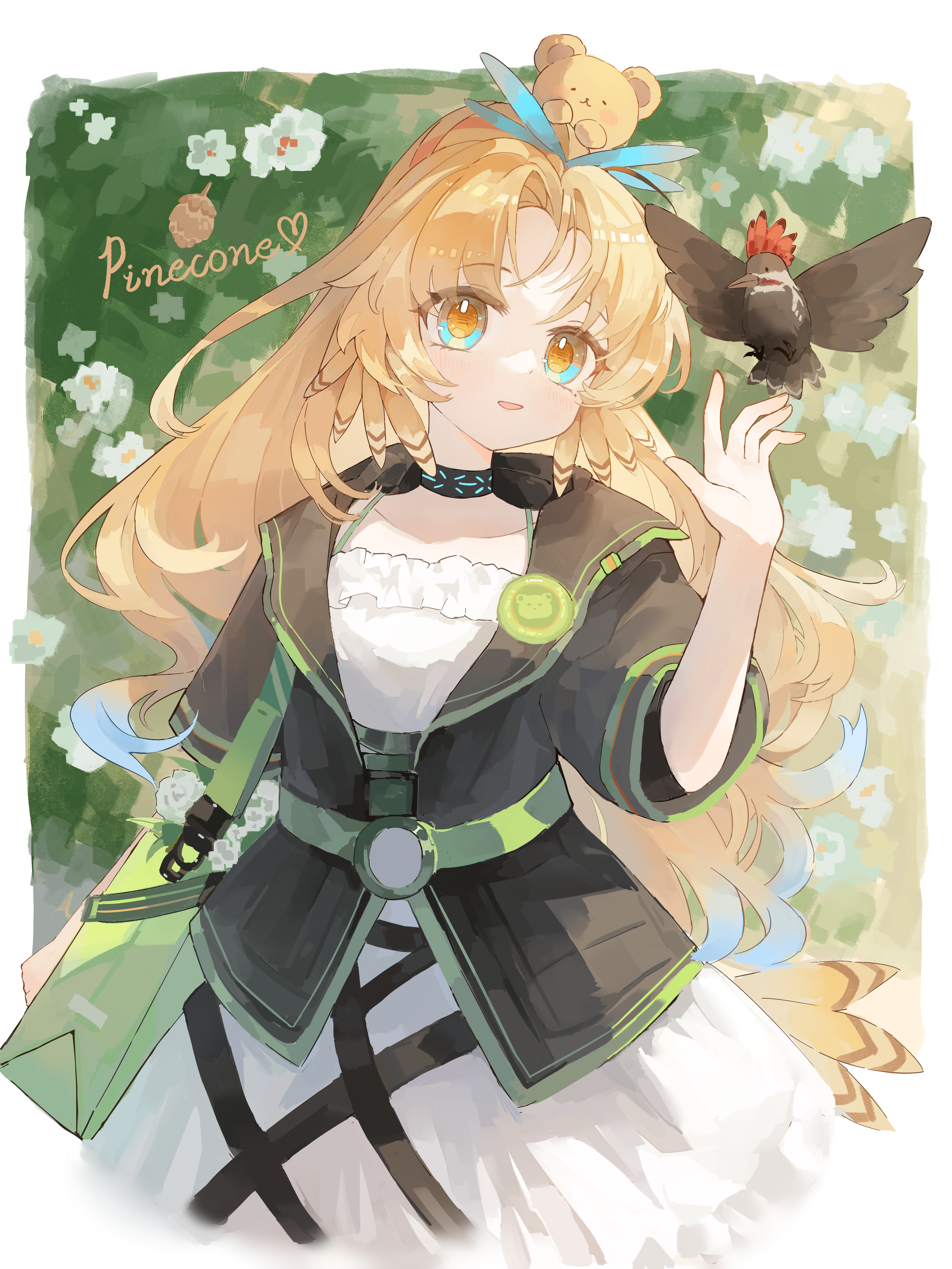 yuuneka, pinecone (arknights), arknights, absurdres, commentary request, highres, 1girl, bag, bird, black dress, blonde hair, brown eyes, character name, dress, flower, full body, hand up, long hair, looking at viewer, parted bangs, parted lips, pinecone, ponytail, short sleeves, shoulder bag, smile, solo, very long hair, white dress, white flower