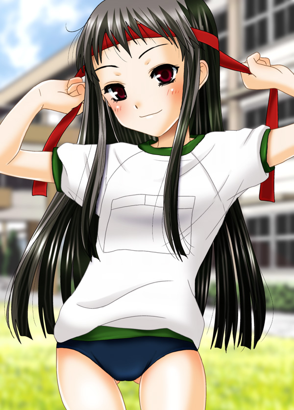 inumori sayaka, jakuri (ar tonelico), ar tonelico, ar tonelico ii, gust, 00s, 1girl, black hair, blush, buruma, female focus, gym uniform, headband, long hair, nature, outdoors, raglan sleeves, red eyes, sky, solo