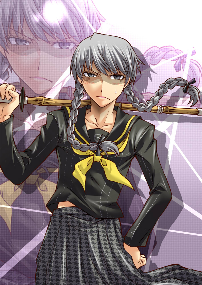 segami daisuke, narukami yu, atlus, persona, persona 4, md5 mismatch, resolution mismatch, source smaller, 1boy, crossdressing, crossdressing (mtf), male focus, school uniform, solo, wig, zoom layer