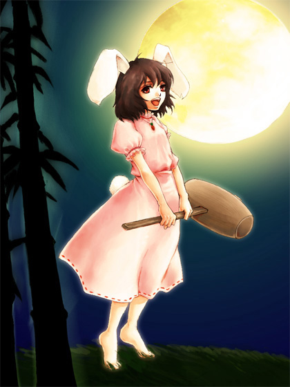 awa toka, inaba tewi, touhou, 1girl, animal ears, barefoot, brown hair, female focus, hammer, moon, rabbit ears, red eyes, short hair, solo, tail