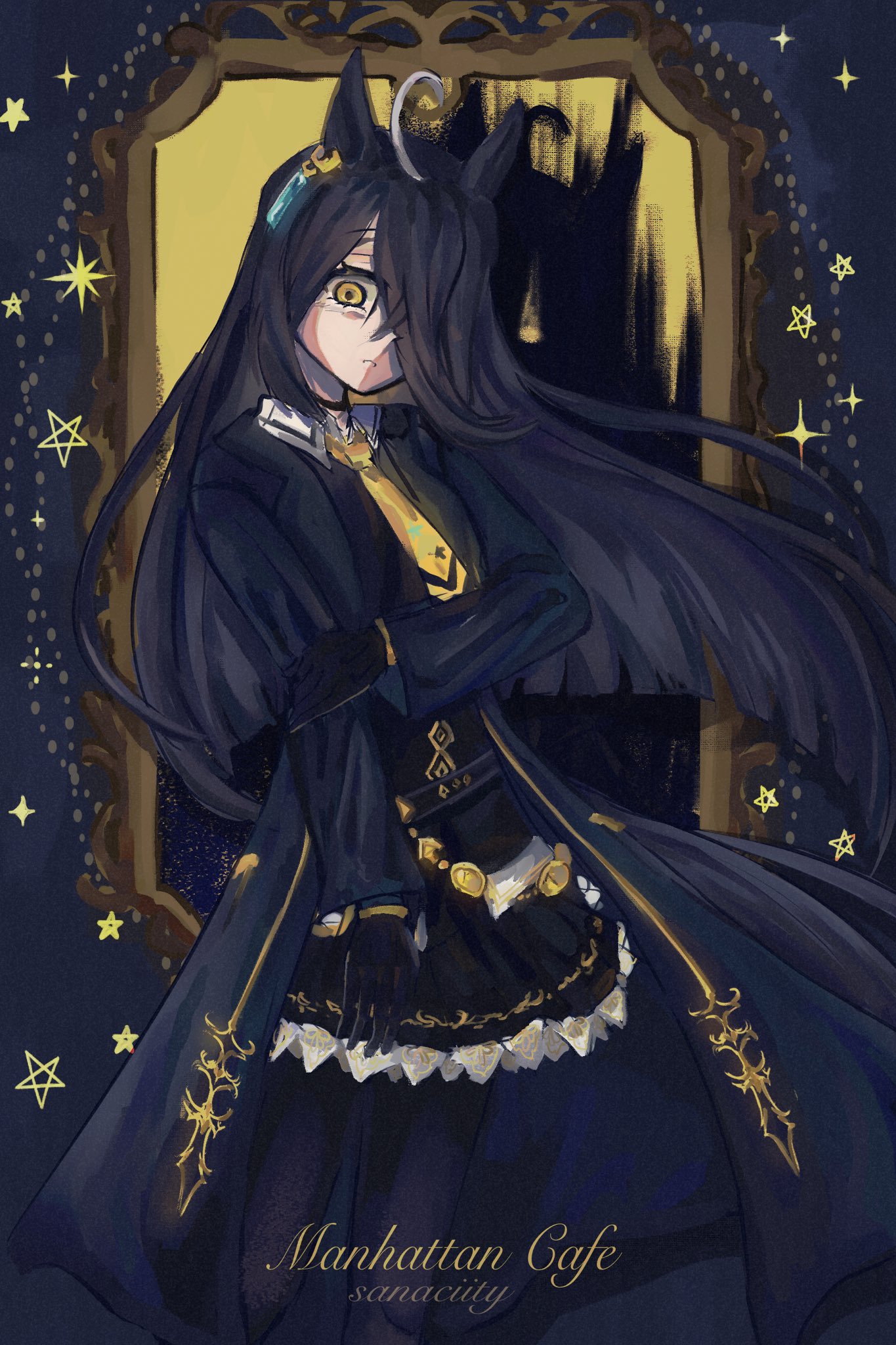 manhattan cafe (umamusume), umamusume, commentary, english commentary, highres, 1girl, ahoge, animal ears, black coat, black gloves, black hair, black pantyhose, black shirt, black skirt, closed mouth, coat, collared shirt, ear tag, earrings, gloves, hair between eyes, hair over one eye, horse ears, horse girl, horse tail, jewelry, long bangs, long hair, long hair between eyes, long sleeves, looking at viewer, manhattan cafe (creeping shadow) (umamusume), mirror, multicolored hair, necktie, pantyhose, sanaciity, shadow, shirt, single earring, skirt, solo, tail, very long hair, white hair, yellow eyes, yellow necktie