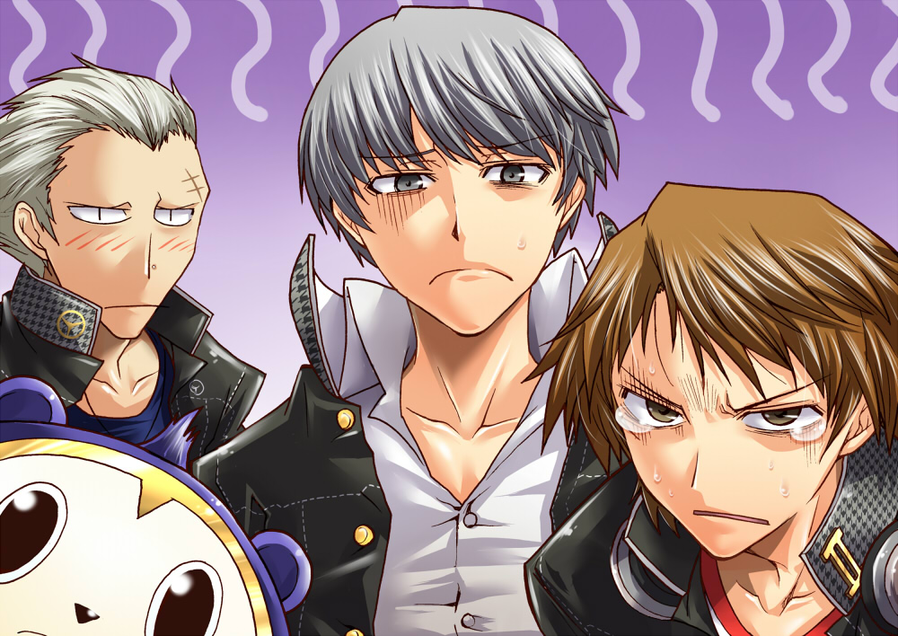 segami daisuke, hanamura yousuke, kuma (persona 4), narukami yu, tatsumi kanji, atlus, persona, persona 4, non-web source, 3boys, blush, brown eyes, brown hair, grey eyes, grey hair, male focus, multiple boys, school uniform, tears, white hair