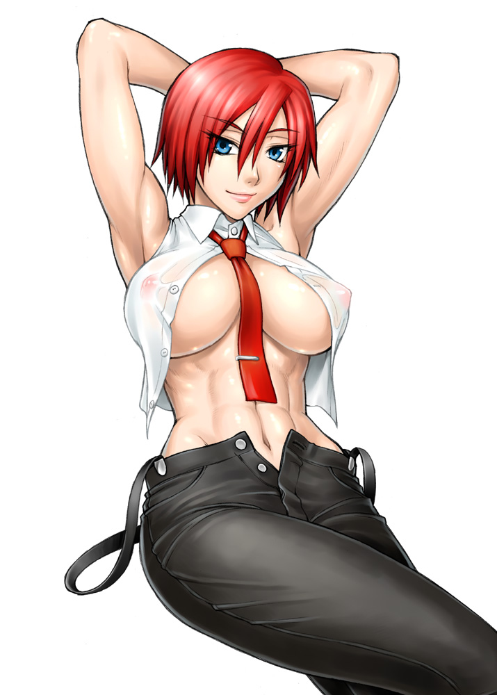 bang-you, vanessa (kof), snk, the king of fighters, 1girl, abs, armpits, arms behind head, arms up, blue eyes, breasts, denim, female focus, jeans, large breasts, midriff, muscular, navel, necktie, nipples, open clothes, open shirt, pants, red hair, see-through clothes, shiny skin, shirt, short hair, simple background, solo, square-end necktie, toned, toned female, unzipped