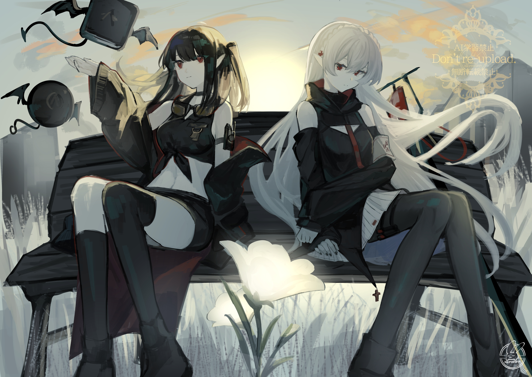 hemorina, closure (arknights), warfarin (arknights), arknights, commentary request, highres, 2girls, asymmetrical legwear, bare shoulders, black boots, black hair, black jacket, black nails, black socks, black thighhighs, blood, blood bag, blue sky, boots, braid, breasts, cloud, crown braid, feet out of frame, flower, goggles, goggles around neck, grey hair, grey pantyhose, hair between eyes, hand up, jacket, kneehighs, knees together feet apart, long hair, long sleeves, medium breasts, multiple girls, nail polish, off shoulder, on bench, open clothes, open jacket, outdoors, pantyhose, pleated skirt, pointy ears, puffy long sleeves, puffy sleeves, red eyes, signature, single kneehigh, single sock, single thighhigh, sitting, skirt, sky, sleeves past wrists, socks, sunrise, thighhighs, thighhighs under boots, two side up, very long hair, watermark, white flower, white skirt
