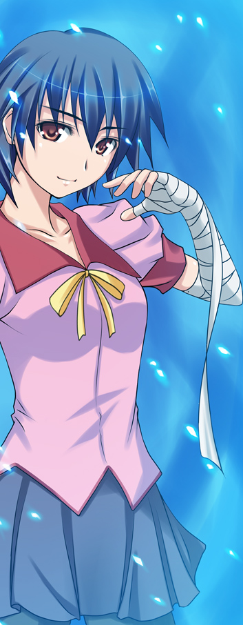 ribucci, kanbaru suruga, bakemonogatari, monogatari (series), bad id, bad pixiv id, long image, tall image, 00s, 1girl, bandages, blue hair, brown eyes, female focus, school uniform, short hair, skirt, smile, solo