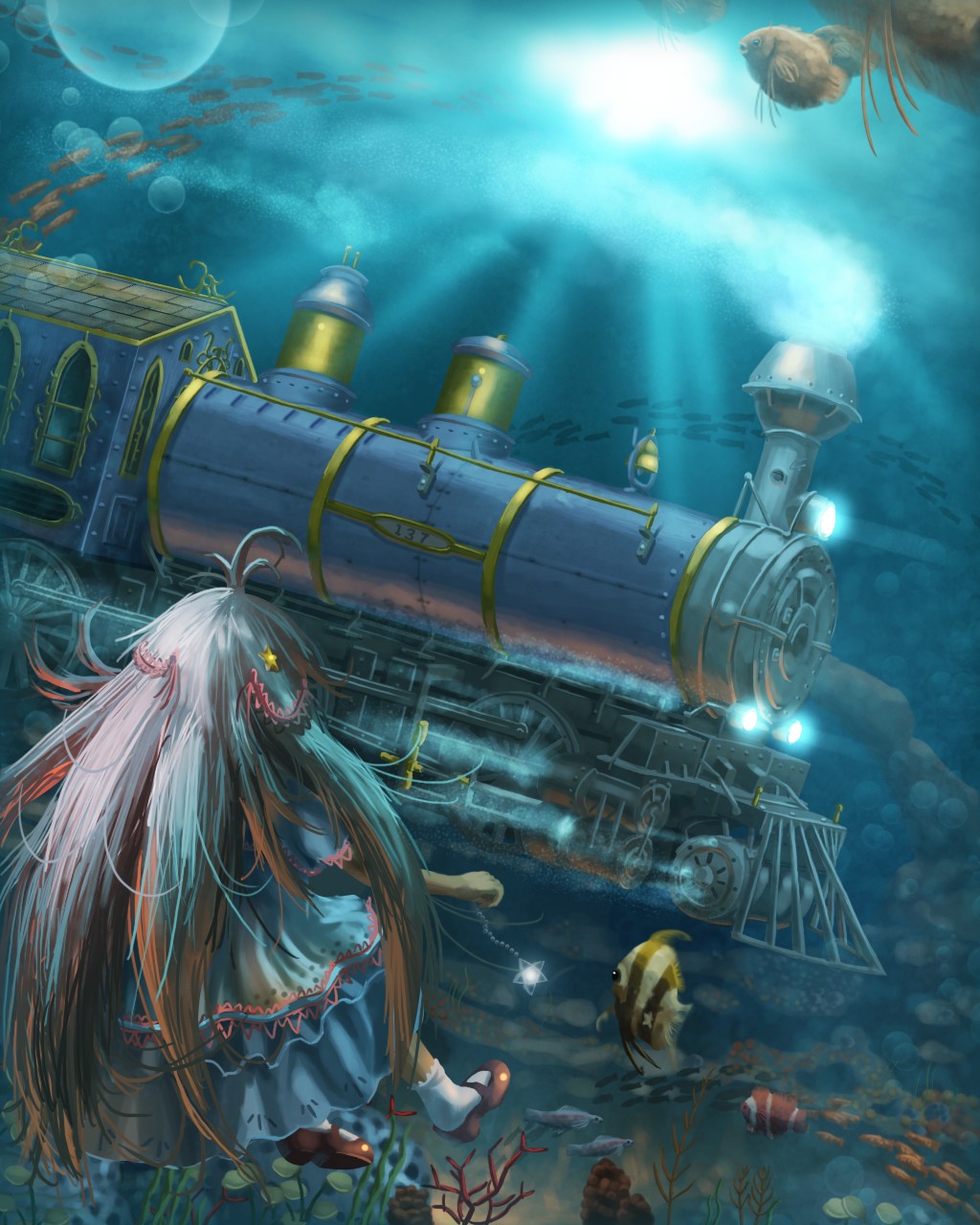 gtd-carthage, original, highres, 1girl, angelfish, clownfish, coral, dress, fantasy, female focus, fish, locomotive, long hair, nature, ocean, plant, scenery, solo, steam locomotive, train, underwater