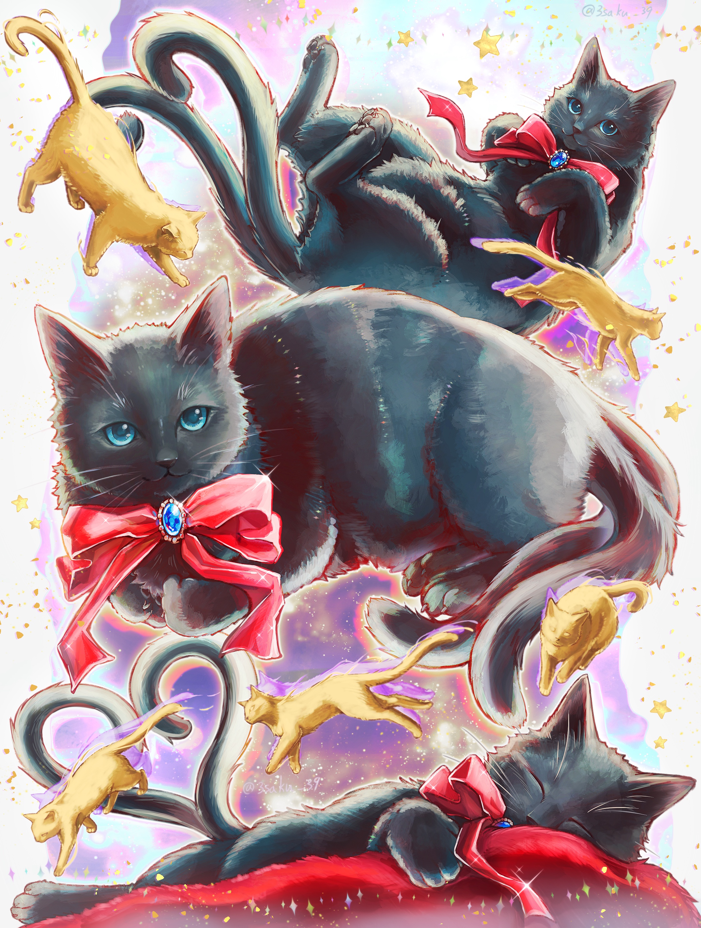3 (sanyako1), miss christine (arknights), arknights, absurdres, commentary request, highres, animal, animal focus, black cat, blue eyes, bow, brooch, cat, closed eyes, jewelry, lying, multiple views, nekomata, no humans, on back, on stomach, red bow, star (symbol), twitter username