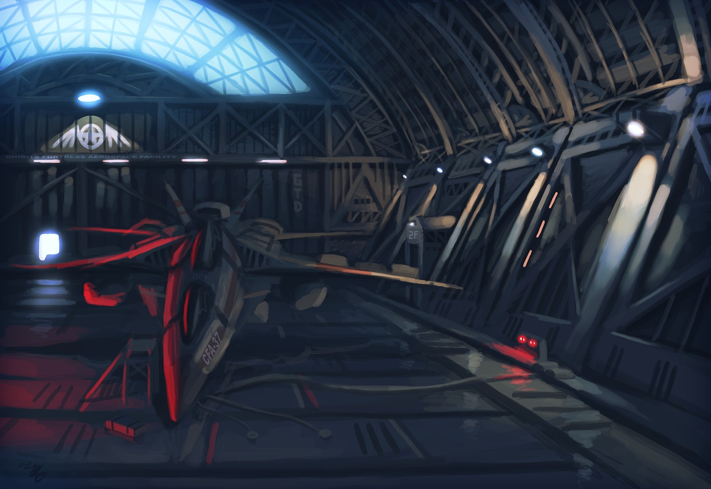 gtd-carthage, ace combat, aircraft, airplane, fighter jet, hangar, indoors, military, military vehicle, no humans, scenery