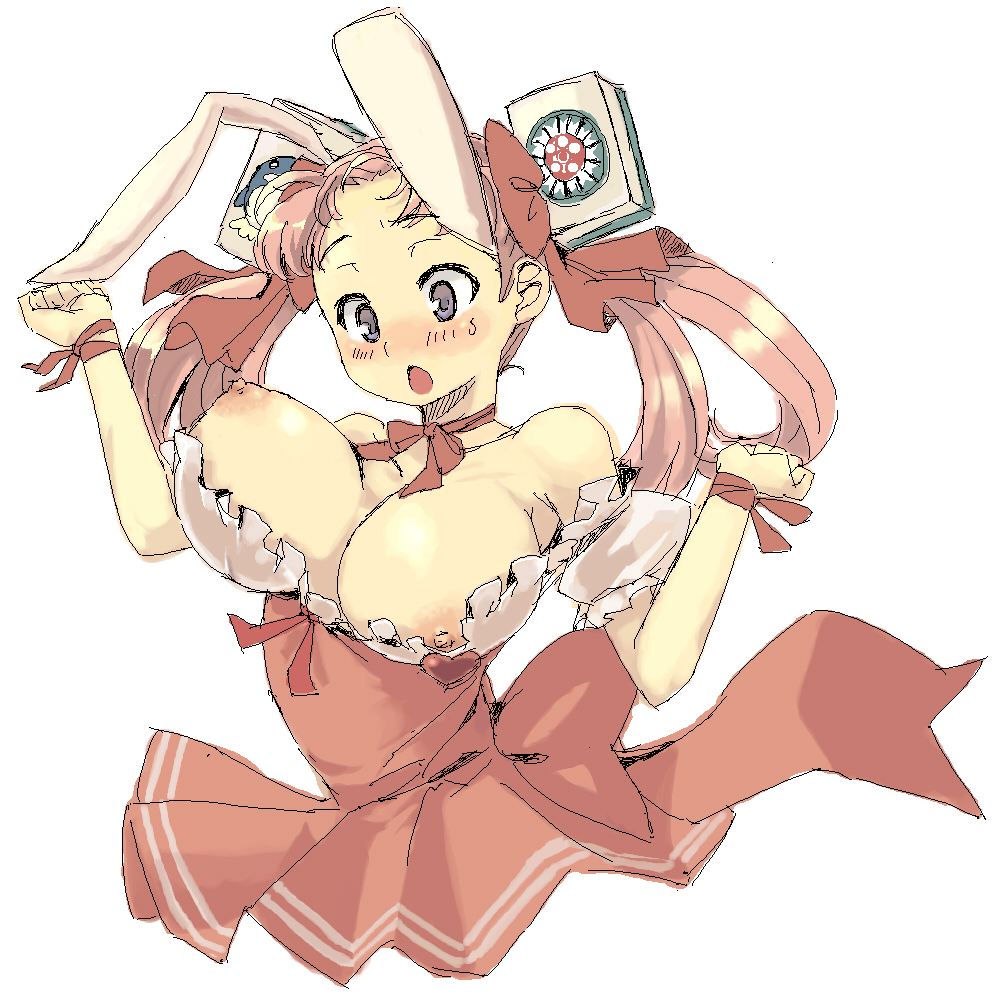 haneta, haramura nodoka, usada hikaru, di gi charat, saki (manga), 1girl, animal ears, bouncing breasts, breasts, cosplay, female focus, large breasts, nipples, oekaki, pink hair, rabbit ears, simple background, solo, usada hikaru (cosplay), wardrobe malfunction, white background