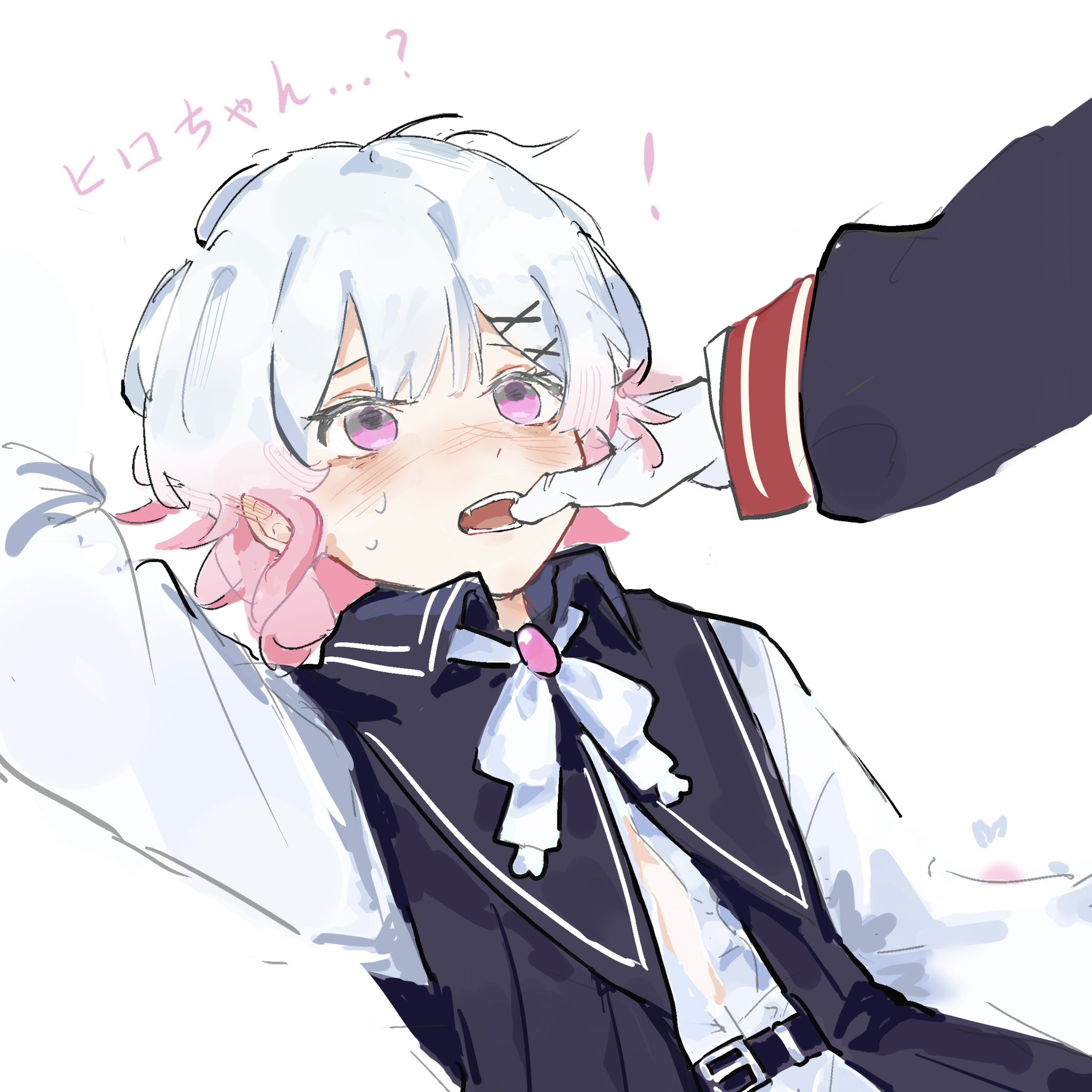 nikaido hiro, sakuraba ema, mahou shoujo no majo saiban, highres, translated, 2girls, asterito77, black vest, blush, fang, gloves, gradient hair, hand on another's face, multicolored hair, multiple girls, neck ribbon, pink eyes, pink hair, ribbon, shirt, vest, white gloves, white hair, white ribbon, white shirt, yuri