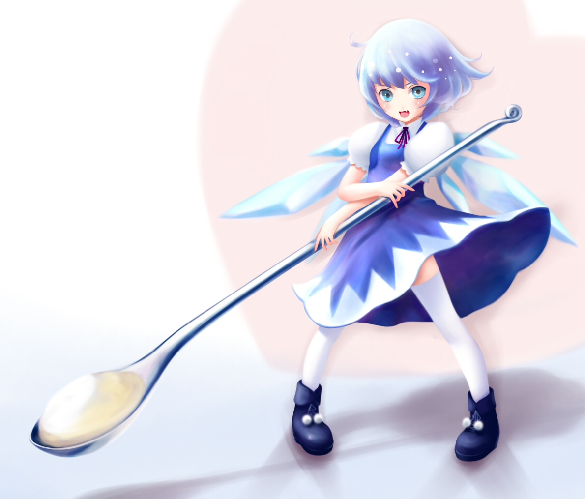 yori, yori (shitsuon), cirno, touhou, 1girl, blue eyes, blue hair, bow, female focus, hair bow, matching hair/eyes, mini person, minigirl, oversized object, short hair, solo, spoon, thighhighs, wings