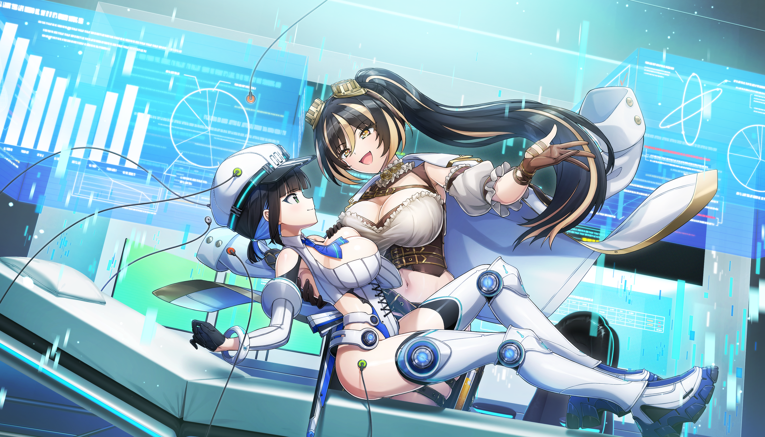 ootomo takuji, amadea wolfa, eines (dolphin wave), dolphin wave, game cg, highres, non-web source, official art, 2girls, :d, asymmetrical docking, black gloves, black hair, blonde hair, blonde streaks, blue hairband, blue necktie, boots, breast press, breasts, brown gloves, cleavage, closed mouth, coat, coat on shoulders, colored inner hair, crop top, floating screen, gloves, goggles, goggles on head, hairband, half gloves, hand on another's back, hat, large breasts, leotard, long hair, looking at another, medium hair, multicolored hair, multiple girls, necktie, newsboy cap, open mouth, partially fingerless gloves, ponytail, short ponytail, skindentation, smile, striped hair, thigh boots, very long hair, white leotard