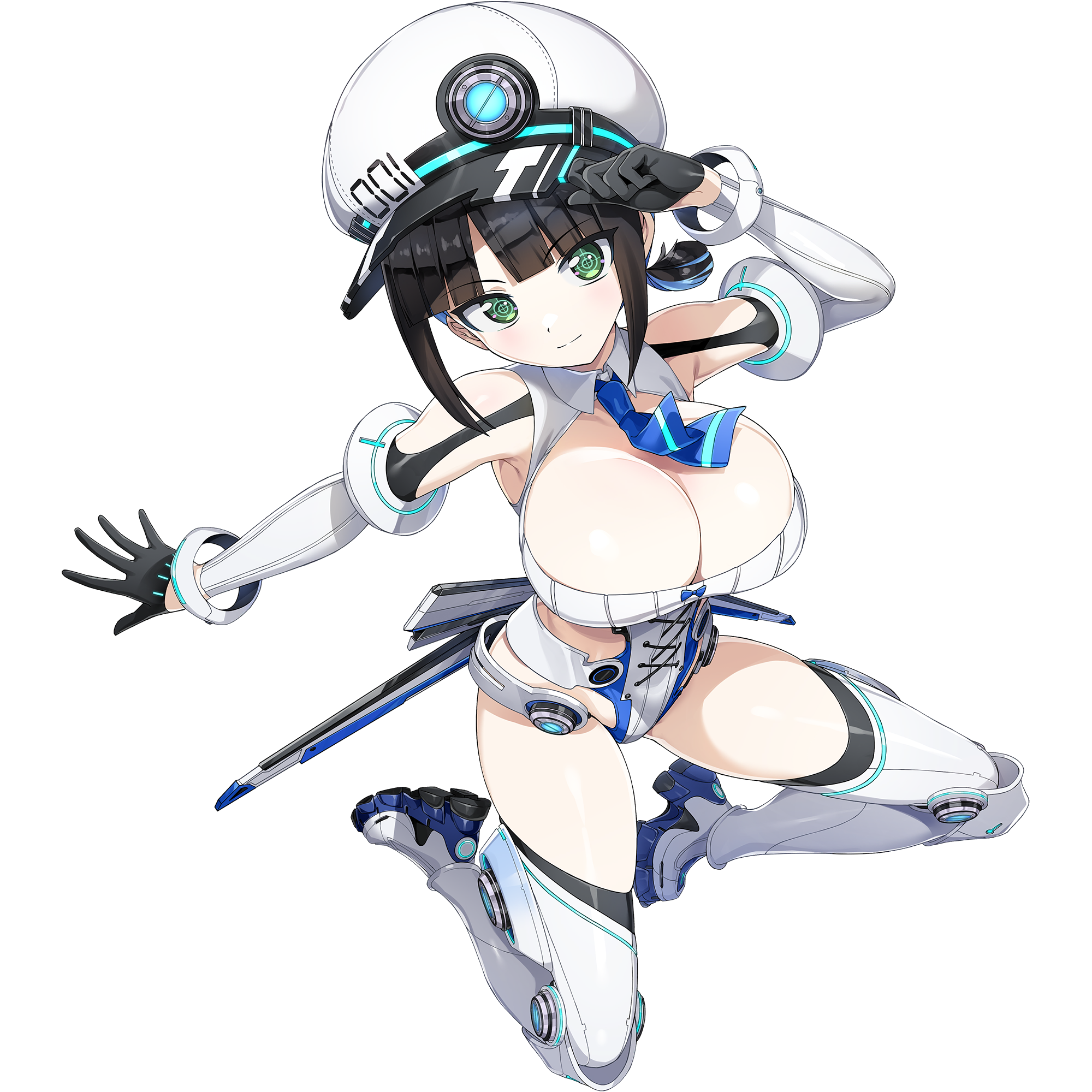 ootomo takuji, eines (dolphin wave), dolphin wave, game cg, highres, non-web source, official art, 1girl, black gloves, black hair, blue hair, blue necktie, boots, breasts, cleavage, closed mouth, crosshair pupils, detached sleeves, full body, gloves, green eyes, half gloves, hand on headwear, hat, kneeling, leotard, looking at viewer, multicolored hair, necktie, newsboy cap, official alternate costume, official alternate hairstyle, outstretched arm, ponytail, short ponytail, simple background, skindentation, smile, solo, thigh boots, transparent background, two-tone hair, weapon, weapon on back, white hat, white leotard