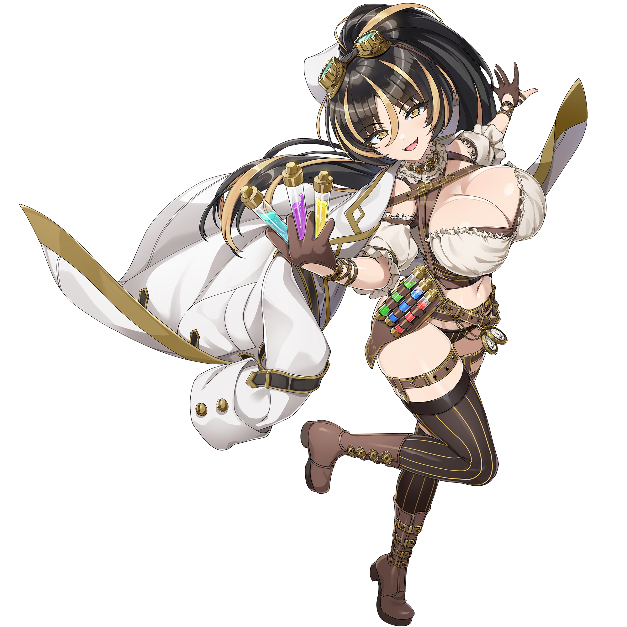 ootomo takuji, amadea wolfa, dolphin wave, game cg, highres, non-web source, official art, 1girl, :3, :d, between fingers, black hair, blonde hair, blonde streaks, boots, breasts, brown boots, cleavage, coat, coat on shoulders, crop top, full body, goggles, high ponytail, holding, looking at viewer, multicolored hair, navel, official alternate costume, open mouth, outstretched arms, ponytail, simple background, smile, solo, standing, standing on one leg, streaked hair, thighhighs, transparent background, vial, white coat, yellow eyes