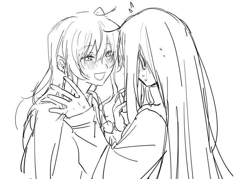 mobudeshi, gotoh hitori, kita ikuyo, bocchi the rock!, 2girls, blush, greyscale, holding hands, interlocked fingers, long hair, monochrome, multiple girls, open mouth, sweat, yuri