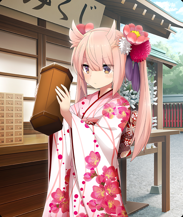 mashiko kaoru, toji no miko, toji no miko: kizamishi issen no tomoshibi, game cg, official art, third-party source, translated, 1girl, architecture, blue sky, blush, brown eyes, closed mouth, cloud, cowboy shot, day, double-parted bangs, east asian architecture, floral print, floral print kimono, flower, furisode, hair flower, hair horns, hair ornament, holding, japanese clothes, kimono, long hair, new year, omikuji, outdoors, pink hair, pink kimono, print kimono, red flower, sign, sky, solo, tied omikuji, twintails, wide sleeves