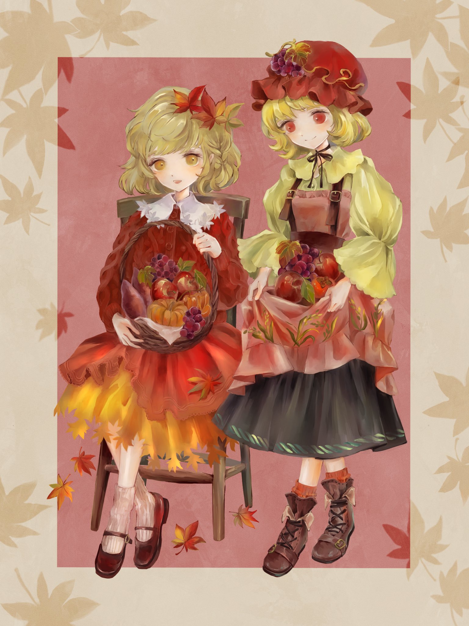 natsuakari, aki minoriko, aki shizuha, touhou, commentary request, highres, 2girls, apple, basket, blonde hair, buckle, chair, food, fruit, full body, grapes, hair ornament, hat, holding, holding basket, leaf, leaf dress, leaf hair ornament, maple leaf, medium hair, mob cap, multiple girls, on chair, pumpkin, sitting
