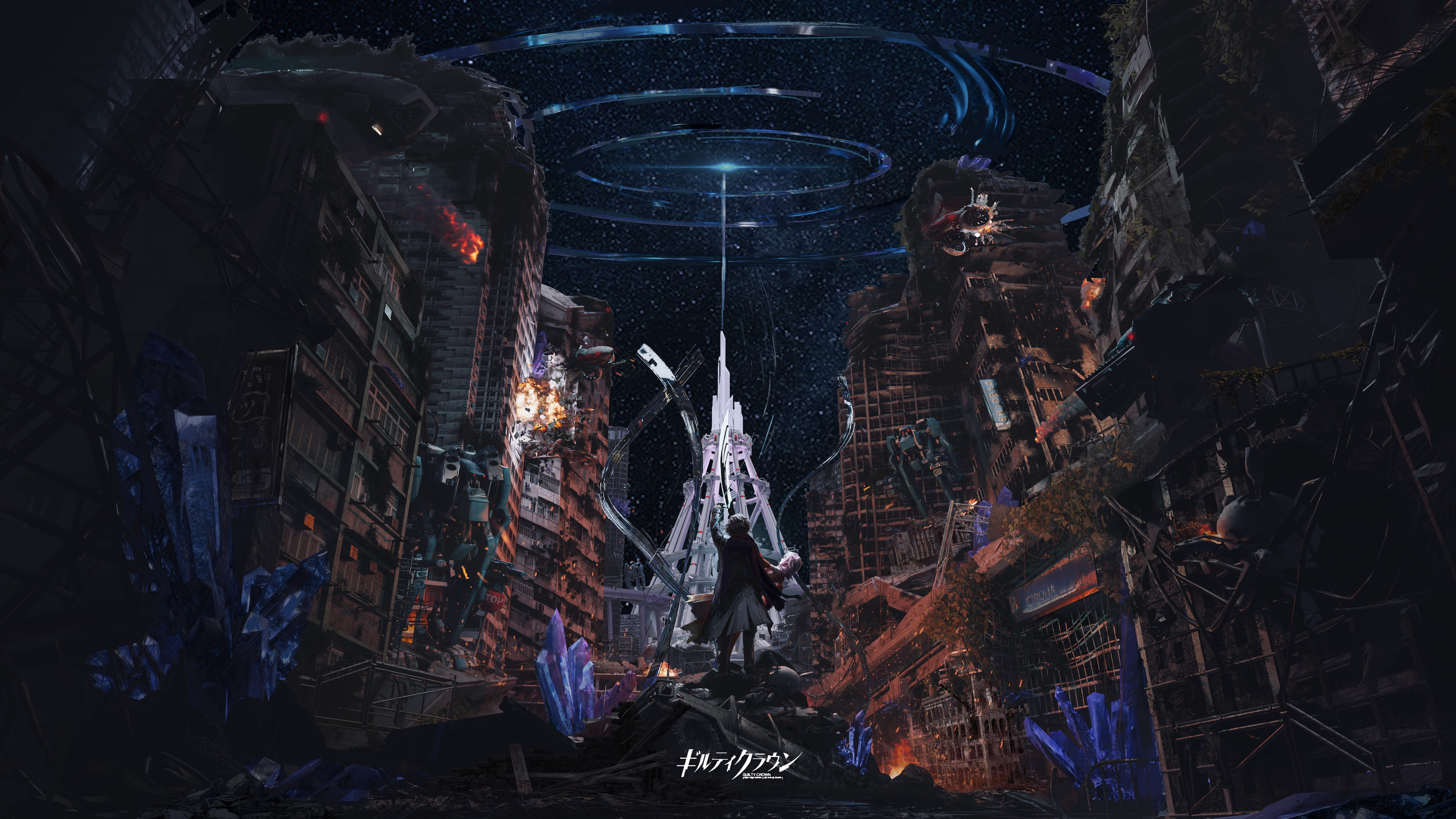 fyu-neru, ouma shuu, yuzuriha inori, guilty crown, absurdres, commentary, commentary request, english commentary, highres, mixed-language commentary, spoilers, 1boy, 1girl, 1other, arm up, artist name, bare shoulders, black pants, brown hair, building, carrying, carrying person, ciroha, city, copyright logo, copyright name, crystal, debris, destruction, explosion, facing away, fire, fireball, from behind, leotard, logo, mecha, night, pants, pink hair, red leotard, road sign, robot, rubble, scene reference, scenery, short hair, sign, star (sky), stop sign, twintails, void (guilty crown), wide shot