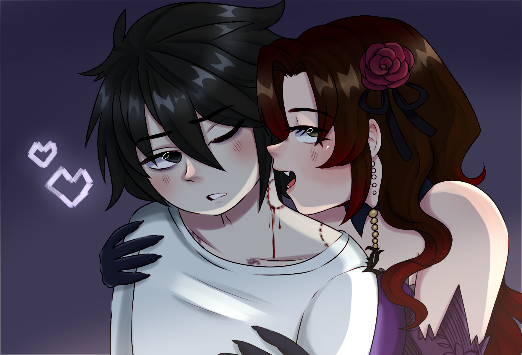 lyraamst, l (death note), l lawliet, death note, commission, commissioner upload, 1boy, 1girl, bite mark, bite mark on neck, bite mark on shoulder, black gloves, dress, earrings, gloves, hickey, hickey marks, hickeys, jewelry, oc x canon, pearl earrings, purple dress, shirt, vampire, white shirt