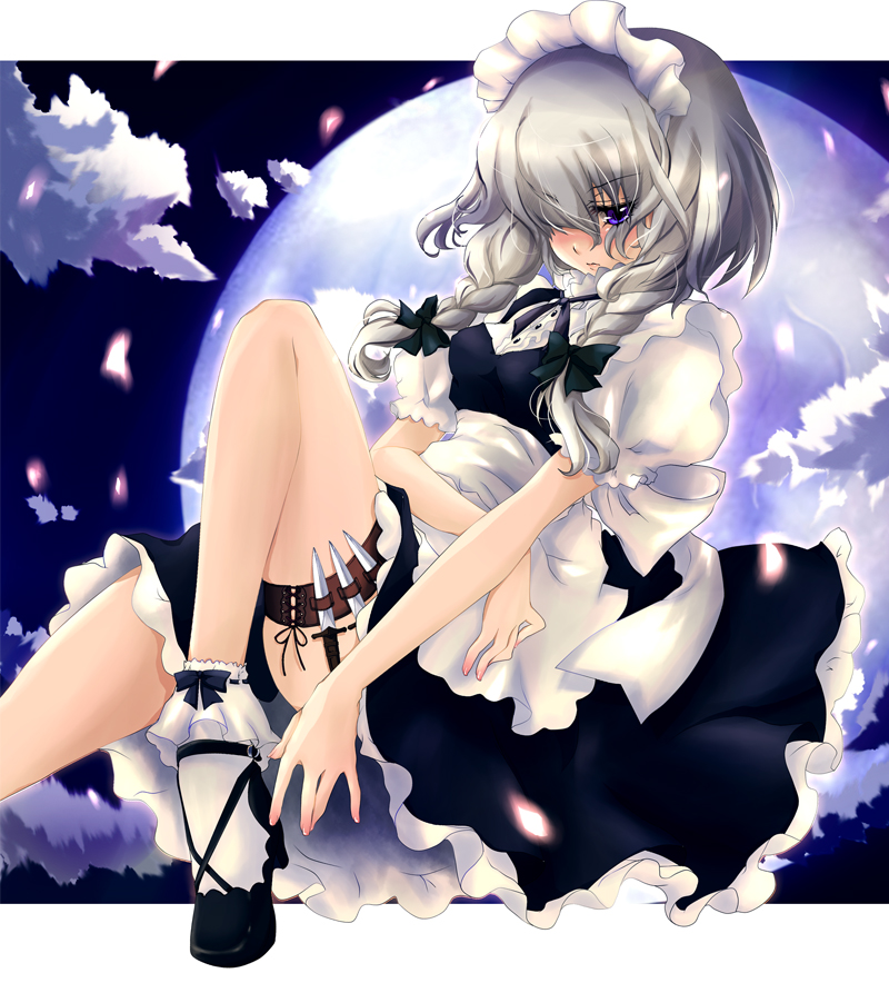 ayase non, izayoi sakuya, touhou, silver hair, 1girl, braid, dress, female focus, knife, maid, moon, purple eyes, purple hair, short hair, sky, solo, thigh strap, throwing knife, twin braids, weapon