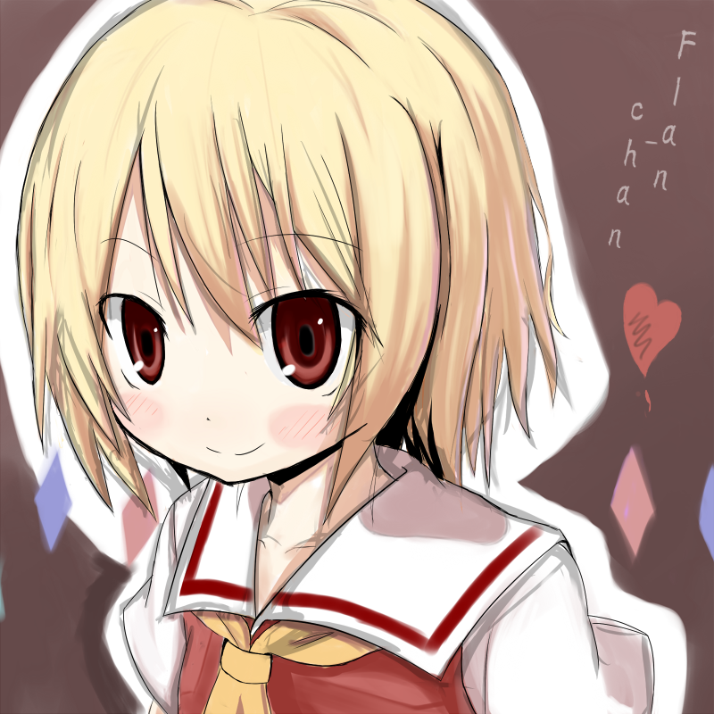 mixer (pixiv), flandre scarlet, touhou, eyebrows, bad id, bad pixiv id, 1girl, blonde hair, blush, collarbone, female focus, looking at viewer, neckerchief, red eyes, sailor collar, school uniform, serafuku, short hair, solo, upper body
